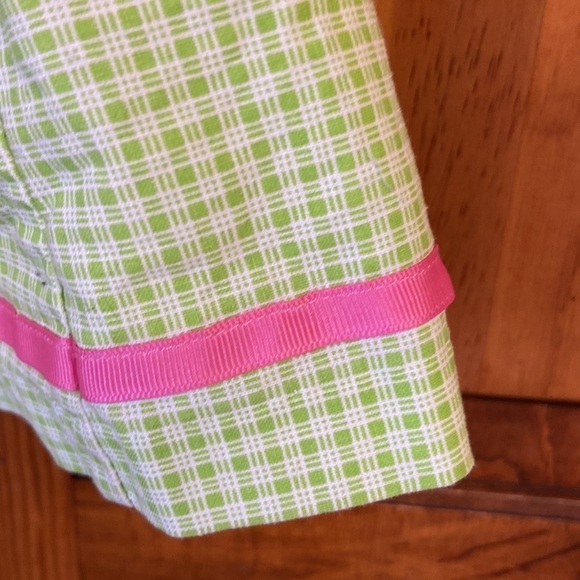 Bonnie Jean Sleeveless Square Neck Green Checkered Cotton Dress Pink Ribbon Trim - Picture 7 of 10